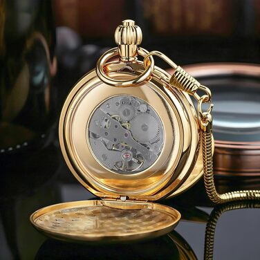 Скелетон годинник кишеньковий Tiong Vintage Steampunk з ланцюжком, механічний золотистий годинник з римськими цифрами в подарунковій коробці