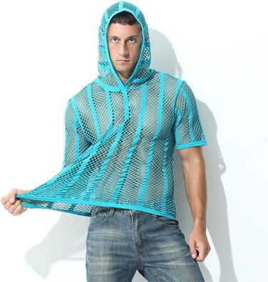 Чоловіча футболка з сітки, прозора, з короткими рукавами та капюшоном, Streetwear, спортивна, чорна