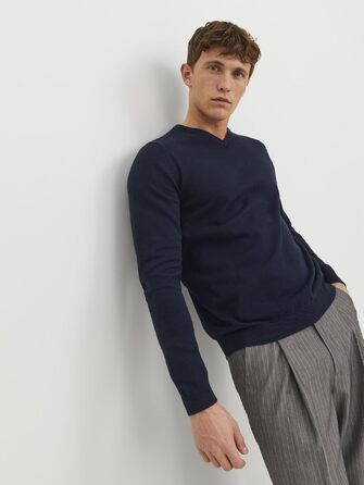Чоловічий в'язаний светр Jack & Jones однотонний, темно-синій (Navy Blazer), розмір XL
