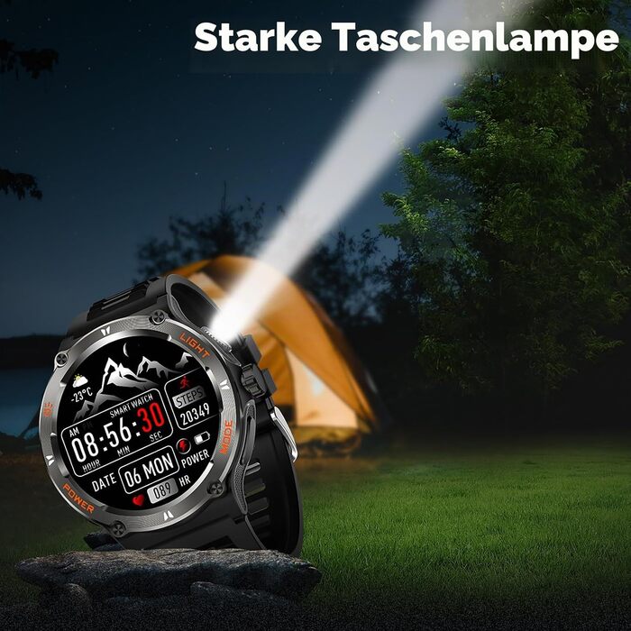 Смарт-годинник findtime Military: міцний тактичний годинник з компасом, LED-ліхтариком, функцією дзвінків та моніторингом серцебиття для Android та iOS, чорний