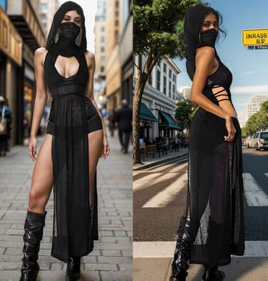 Жіноче прозоре готичне плаття Aucute з капюшоном та без рукавів, чорне, для Хелловіну, фестивалів EDM/Rave