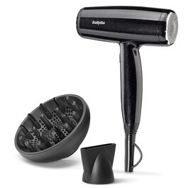 Фен для волосся BaByliss Cosmos D580DE з дифузором, 2100 Вт, іонізація, 3 температурні та 2 швидкості обдуву, сріблястий (Black Sparkle)