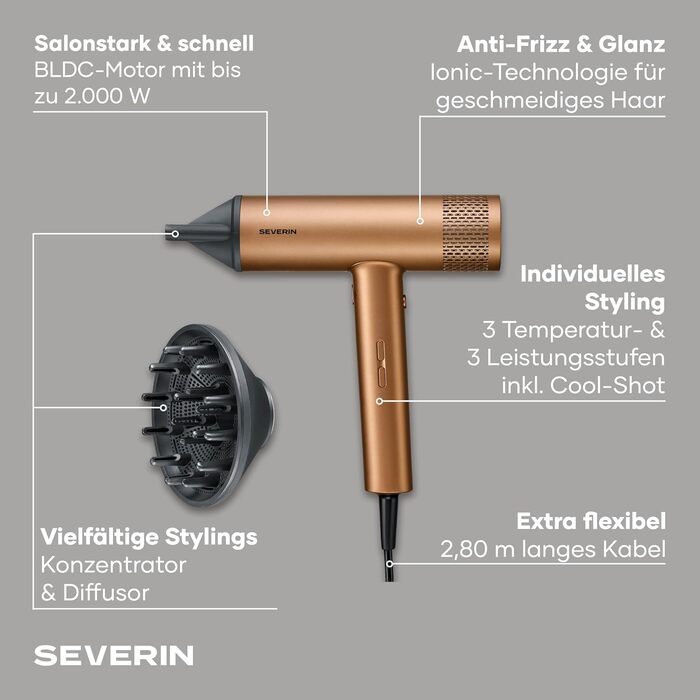 Фен для волосся Severin HT 0172 S-Style з іонізацією та анти-фриз ефектом, 2000 Вт, 3 температури та 3 рівні потужності, з концентратором та дифузором, бронзовий/чорний