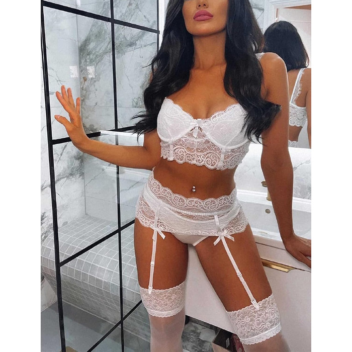 ЕVELIFE Комплект нижньої білизни для жінок: бюстгальтер та труси (3 шт.) - мереживний комплект, висока талія, стрінги (38, білий)