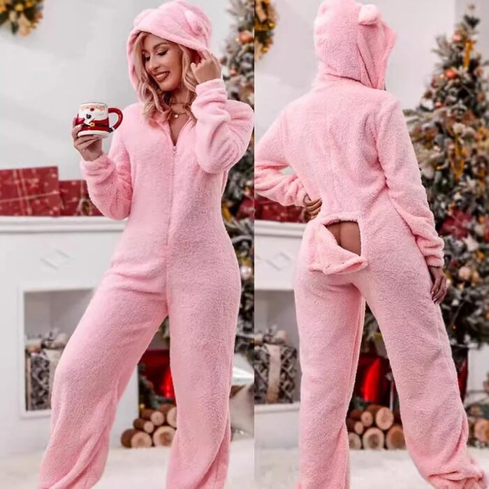 Жіночий флісовий комбінезон MANGGUO з капюшоном та застібкою на попі, теплий піжамний комплект, чорний