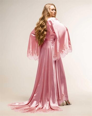 Жіночий халат з атласу, кімоно, вечірній, для весілля, вечірньої вечірки, м'який, довгі рукави (рожевий, L)