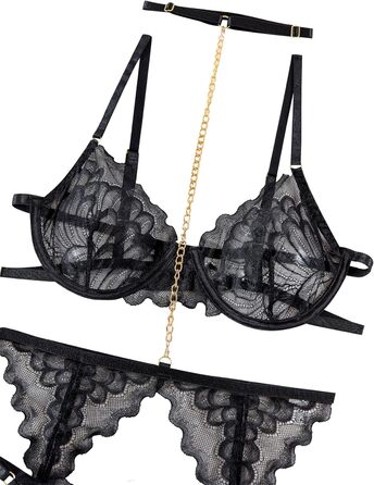 Комплект спідньої білизни Lilosy з чокером, мереживо з квітковим візерунком, Push-up, стрінг, для жінок, прозорий бюстгальтер та трусики, 3-частини (3XS, ланцюжок чорний)
