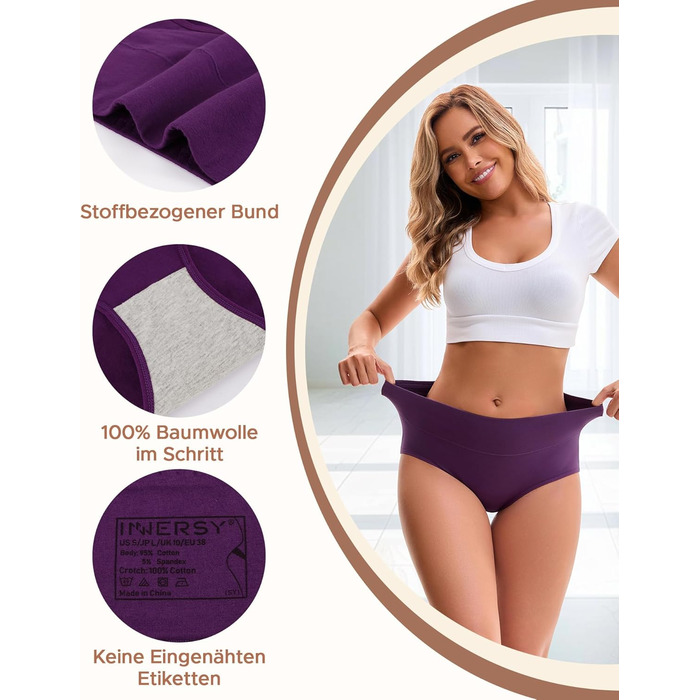 Труси жіночі INNERSY бавовна стрейч, висока талія, м'які, 5 шт. (XXL, 3 кольори: фіолетовий, темно-синій, рожевий)