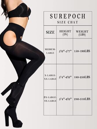 СUREPOCH Штрих-панчіх для жінок великих розмірів, відкритий крок (M-L, чорний)
