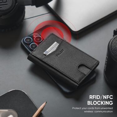 Чоловічий шкіряний картхолдер VULKIT з RFID/NFC захистом, тонкий гаманець для карток на 10 відділень (колір: чорний лічі)