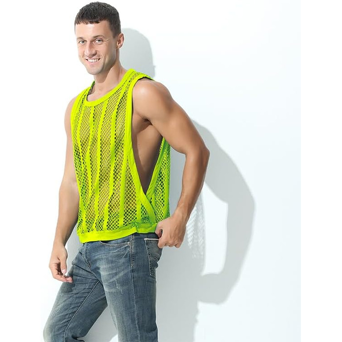 Трійка жіночих майок-топів YAHWULAI з прозорою сіткою, без рукавів, стильний круглий виріз (3 шт: світло-зелений+червоний+світло-зелений, M)