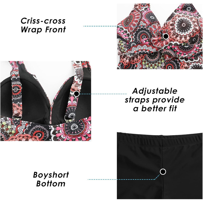 Двочастинний купальник Adigaber для жінок з пуш-ап, Tankini з шортами, спортивний дизайн (кола, M)