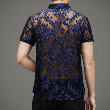 Чоловіча сорочка Yeuyyben чорна прозора з квітковим мереживом, сітка, короткі рукави, розмір XL