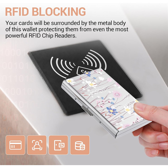 Слімарт-гаманець для кредитних карток з RFID-захистом, металевий ультратонкий картхолдер з гравіюванням «Квітка» (на 6 карток, срібний)