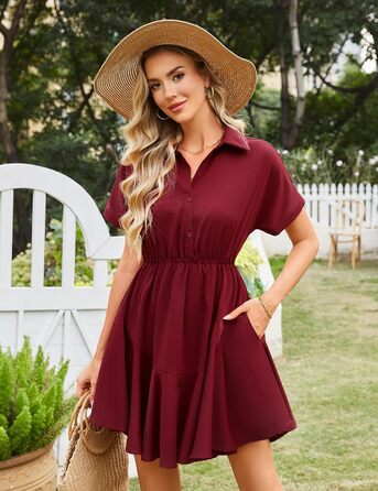 Сукня Beluring Bluenkleid жіноча літня коротка з V-подібним вирізом, червона (S) з кишенями та ґудзиками