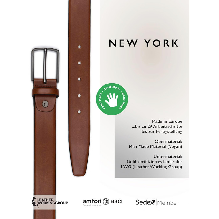 Чоловічий шкіряний ремінь FENIX NEW YORK Desert Cognac (95 см), ширина 35 мм, гіпоалергічна пряжка, регульований та екологічний, для костюма та джинсів