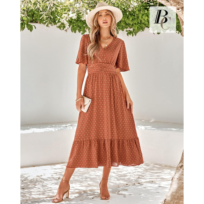 Сукня літня жіноча BebreezChic Boho елегантна довга з V-вирізом, висока талія, швейцарська сітка, з квітковим принтом, пляжна максі-сукня XL карамельного кольору