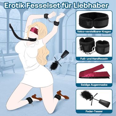 Набір для БДСМ-фетишу: комплект для пар, з наручниками, фіксаторами для ніг, пов'язкою на очі та пір'ям. Регульовані фіксатори від шиї до зап'ястя. Чорний колір.