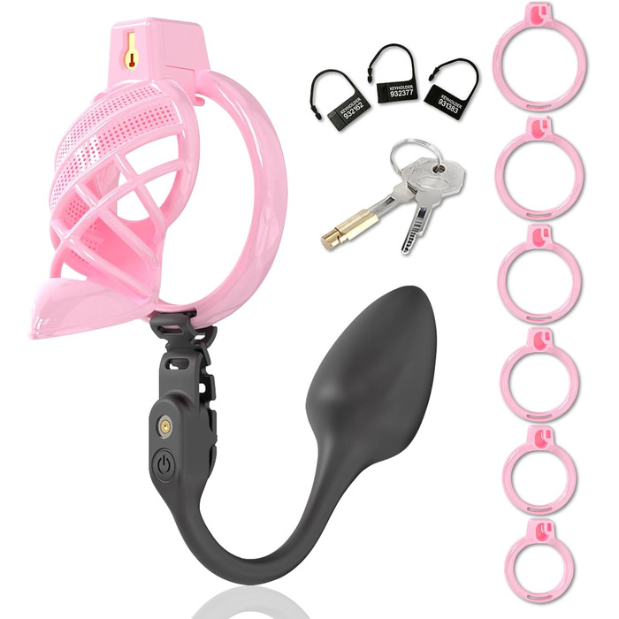Набір для БДСМ: клітка для статевих органів, вібратор, 6 кільця для пеніса, керування через додаток, для чоловіків та пар (рожевий)