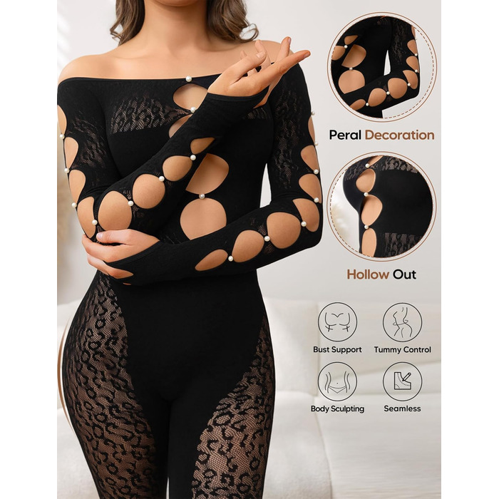 Жіночий комбінезон MD FootThera з довгими рукавами, обтислий, мереживний, прозорий, чорний