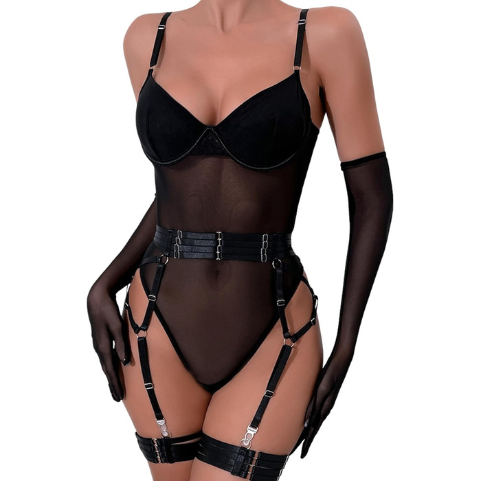 EVELIFE Комплект жіночої білизни: мереживний боді, стрінги та рукавички. Чорний, розмір 36