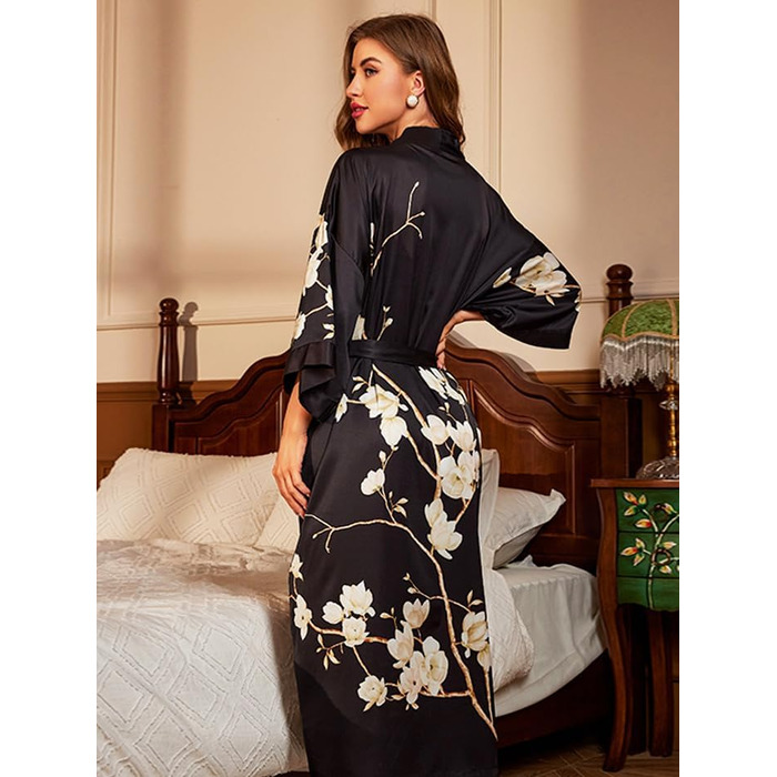 Чоловічий халат з довгим атласним кімоно, квітка, шовковий халат, халат для нареченої, халат для дівчат (універсальний розмір, чорний - магнолія)