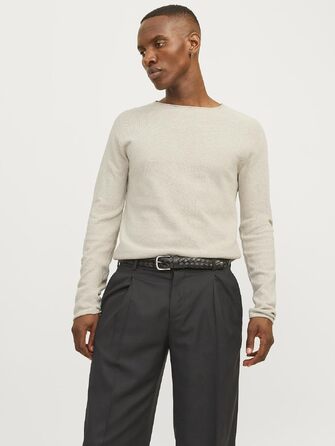Чоловічий базовий в'язаний светр Jack & Jones з круглим вирізом, бавовняний, довгий рукав, колір Oatmeal (вівсяний)