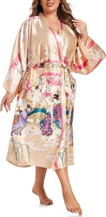 Халат кімоно для жінок, великі розміри, сатин, легкий, японський стиль, плюс сайз, халат для ванни, юката (Sakura Ukiyoe Champagne, XXL)