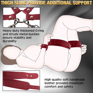 Набір для БДСМ-пов'язання: шкіряне спорядження з наручниками та манжетами для стегон, іграшка для пар, червоний колір