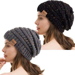 Зимова в'язана шапка REDESS Oversized для чоловіків та жінок, тепла шапка з грубим плетеним візерунком (чорна в горошок / темно-сіра в горошок)