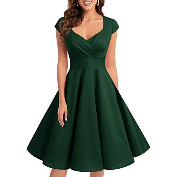 Сукня в стилі 1950-х, ретро-коктейльна, рокабілі, Bbonlinedress, темно-зелена, V-подібний виріз, спідниця-сонце, вечірня, для вечірок