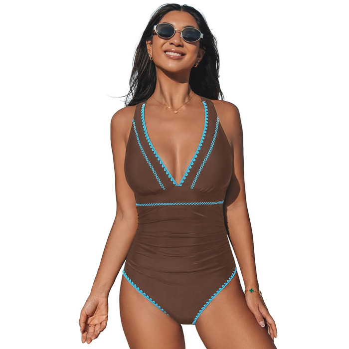 CUPSHE купальник цілісний з V-подібним вирізом, з драпіруванням, регульовані бретелі, перехресні зав'язки, коричневий petrol (XS)