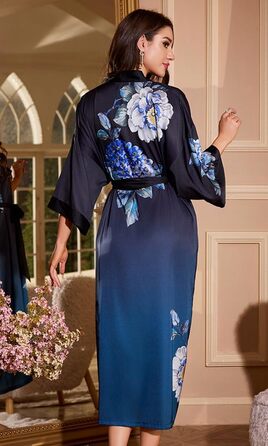 Жіночий халат-кімоно з довгим атласним рукавом, принт квітів, атласний, для вечірки, весілля, bridesmaid robe, універсальний розмір (перехідний колір, темно-синій - півонія)