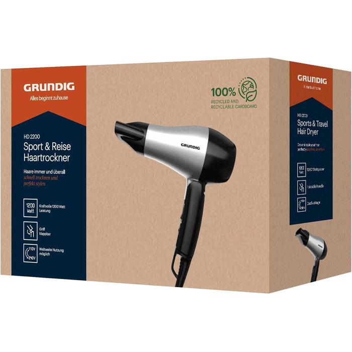 Компактний дорожній фен Grundig HD 2200 Sport & Reise, 1200 Вт, 2 режими температури та потоку повітря, складана ручка, сріблястий/чорний