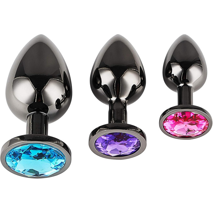 Набір анальних пробок 3 шт. з металу (Gunmetal) – велика, середня, мала. Підходить для початківців, жінок, чоловіків, пар. Кольори: синій, фіолетовий, рожевий. Іграшки для дорослих.